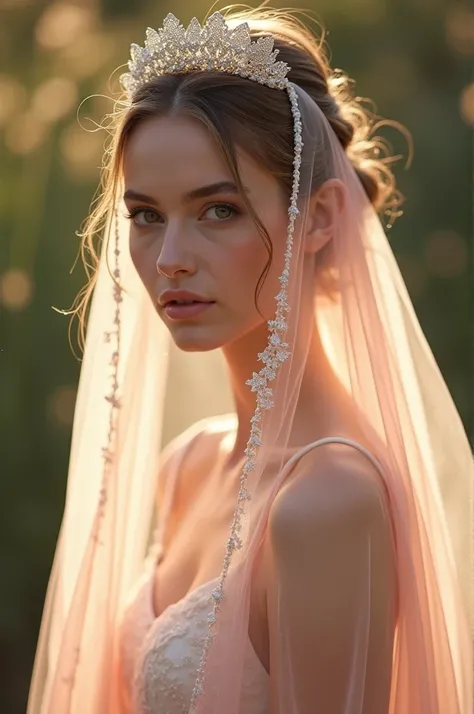 Chiffon Veil
- **Materials**: A soft chiffon veil in a warm peach or coral that flows from the crown or tiara, adding a whimsical touch.
- **Design**: The veil can drape gently over the shoulders, providing a light, airy feel that complements the dress.