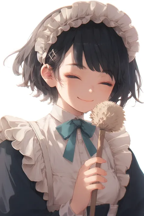 A maid with a huge smile and very cute face with short black hair she has her eyes closed. She is ina long halway and holding a duster