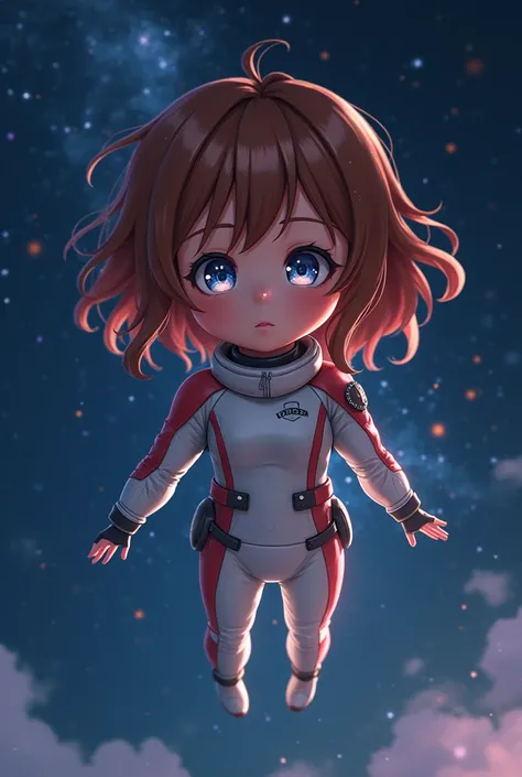 (Ochaco Uraraka) floats weightlessly against a (vast, starry night sky), her expression serene, with (soft light) illuminating her face. Her (hair) flows gently, each strand suspended as if in zero gravity. Her hero suit, rendered in exquisite detail, show...