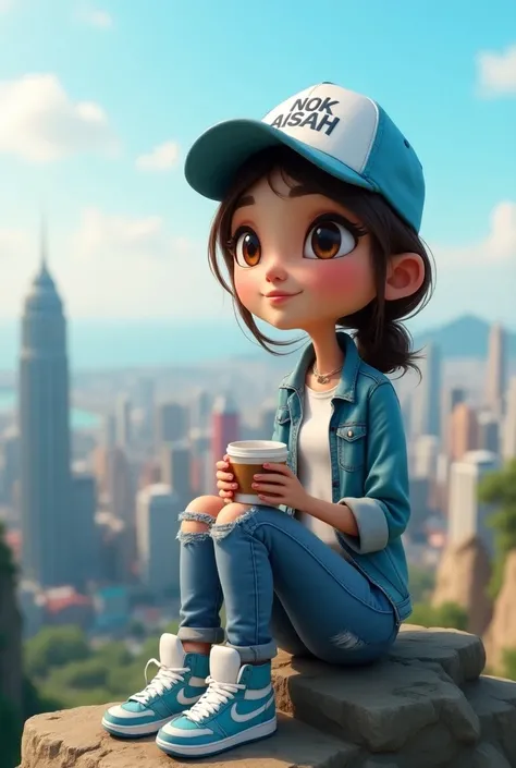 full HD 8k quality caricature realistic 3D image of a big-headed character, a  Indonesian woman, wearing a light blue and white snapback hat with the "Nok Aisah" logo, a denim jacket with a white t-shirt, torn patterned  jeans and blue and white Jordan sho...