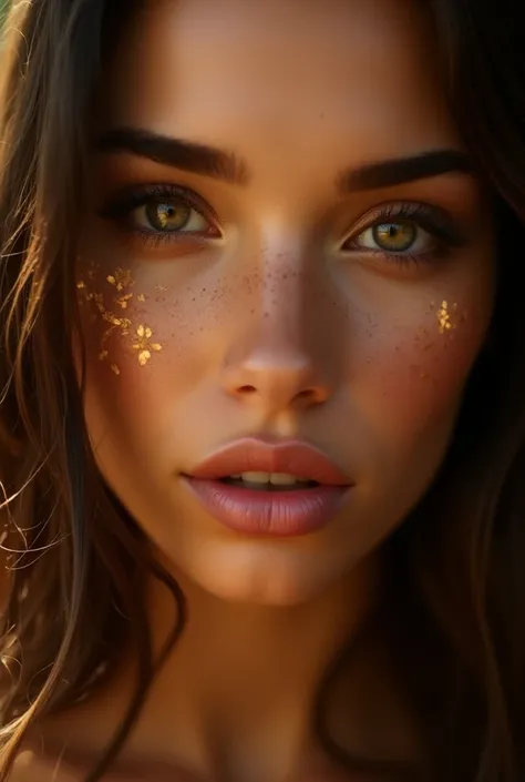 "Ultra-realistic close-up portrait of a stunning young woman with glowing hazel eyes, framed by long, dark lashes. Her skin is smooth and radiant, with warm caramel undertones and faint freckles across her nose and cheeks. Her lips are full and painted in ...