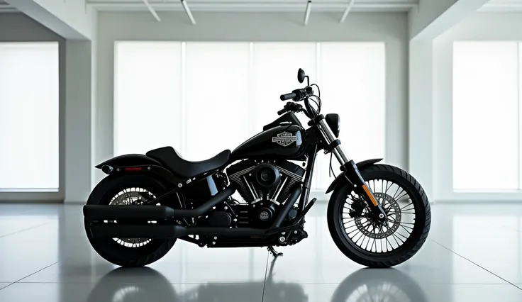 Here is the image of the Harley-Davidson Breakout motorcycle standing in a modern showroom. Let me know if youd like any adjustments!The motorcycle shining Black 