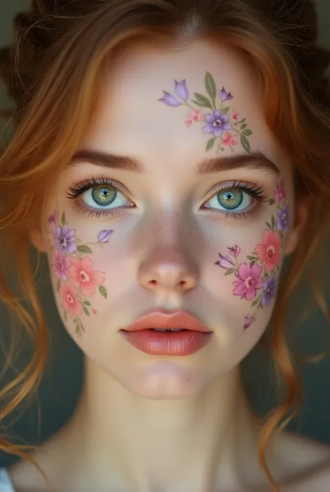 "Ultra-realistic close-up portrait of a stunning young woman with piercing green eyes, surrounded by thick, natural lashes. Her complexion is fair and porcelain-like, with a slight blush and soft freckles scattered across her cheeks. Her lips are painted i...