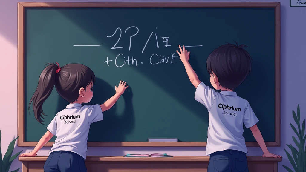  written on their clothes. Boy and girl place commas on the blackboard. The rens clothes bear the name of the CIPHRIUM school.  The whole image is in purple-blue tones .