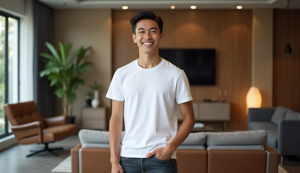  A 25-year-old Indonesian man with a youthful and confident appearance.  He has mature sawo skin ,  neatly arranged short dark hair ,  and a clean face without mustache or beard .  He wears casual clothes in the form of a plain white T-shirt and jeans dark...