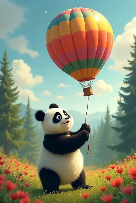 A surprised, wide-eyed panda holding onto a large, colorful balloon, just beginning to lift off the ground. Background of trees and fields."