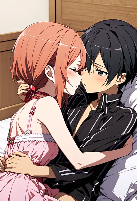 Kirito and Silica from Sword Art Online kissing and hugging each other erotically on a nightbed. 