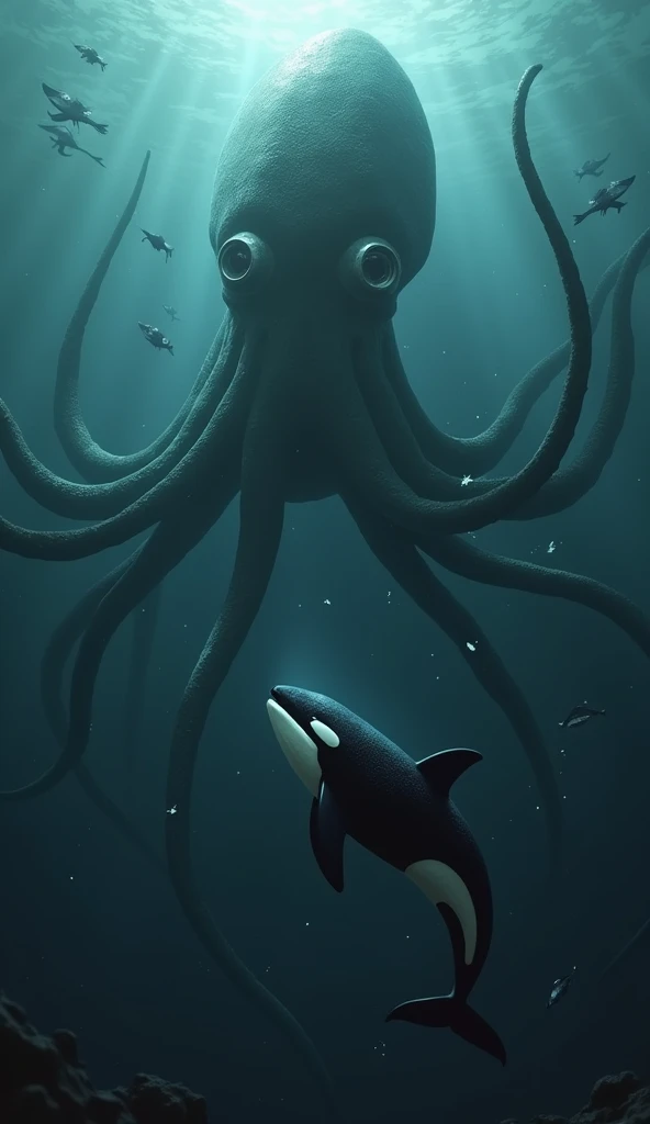  "In the depths of the ocean, a killer whale faces off against a massive giant squid. The deep sea is their battleground, a place of darkness and mystery where survival means outwitting and overpowering the other."
Real whale