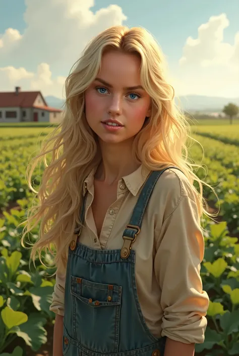 A beautiful woman as a farmer women, long blond hair