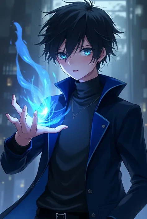 An anime man, dark black hairs, bilue eyes, in dark blue jacket, 22 years old, a magical power in his had, 