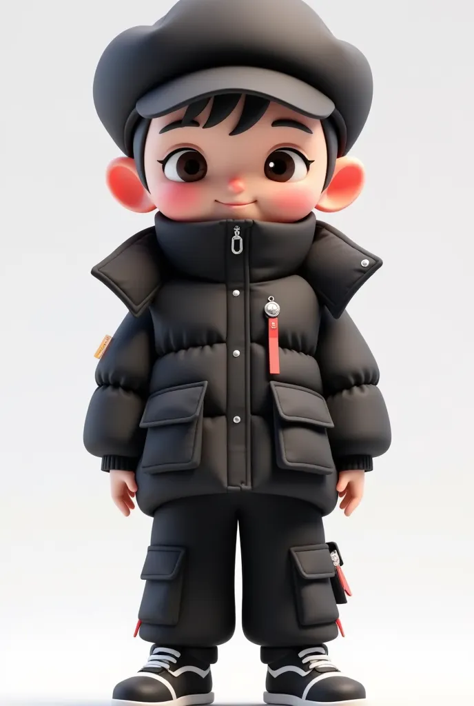 loving cartoon model ， cute boy with big eyes，big head，black puffy down jacket，peaked cap，pockets more，shoe