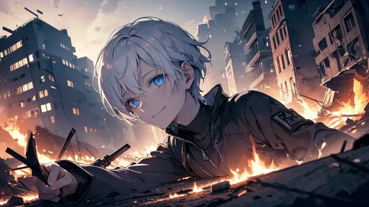 a dying young boy, a metal shard impaled in his abdomen, a crushed arm, missing both legs, face down, a fleeting smile, white hair, lifeless blue eyes, rubble, ((a burning city)), flames, dark,(Best quality, 4K, 8K, highres, masterpiece: 1.2), ultra-detail...