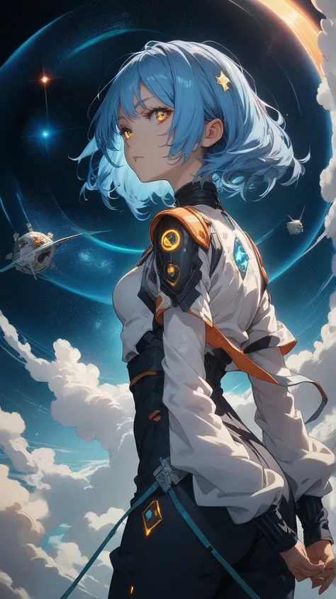 A mysterious anime girl with chin-length blue hair and glowing amber eyes, dressed in a dark, black and silver space suit with reflective shoulder plates and intricate designs. She stands with her hands behind her back, gazing intently at the viewer. Behin...