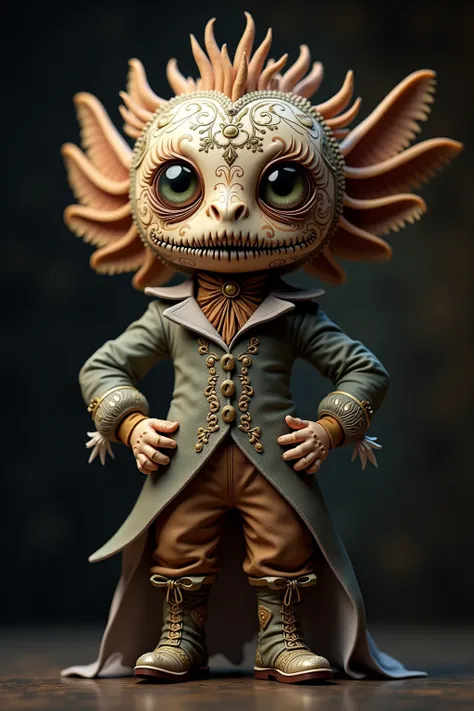 generate images of kawaii chibi character of (フグ head) zany scarecrow with a horror fantasy theme,(hands on hips:1.5), clothes must be highly intricate rococo style , elegant, and visually striking, highly detailed leather boots, resembling digital paintin...