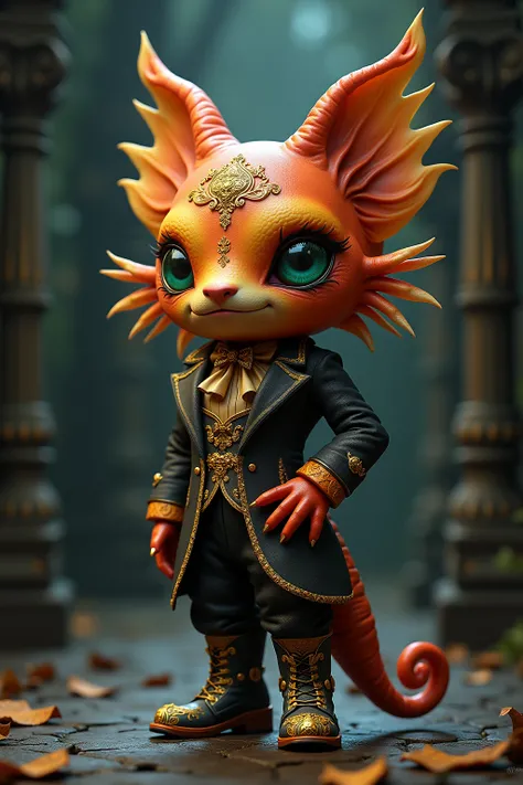 generate images of kawaii chibi character of (フグ head) zany scarecrow with a horror fantasy theme,(hands on hips:1.5), clothes must be highly intricate rococo style , elegant, and visually striking, highly detailed leather boots, resembling digital paintin...