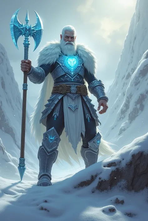 Make his axe out of ice with white and light blue energy flowing through the axe and put a light blue glowing gem in his chest