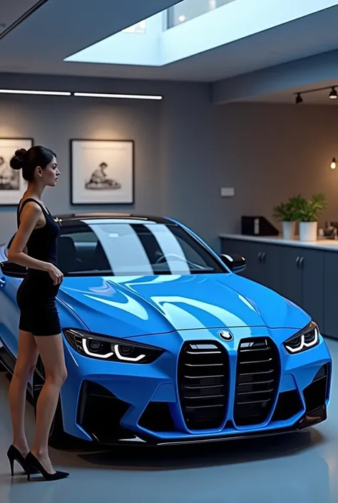 BMW M4, 2024 model, blue, good lighting , a beautiful female barista standing and looking at the car, fabulous and fantastic 4k quality."AMI_saj" text on license plate number