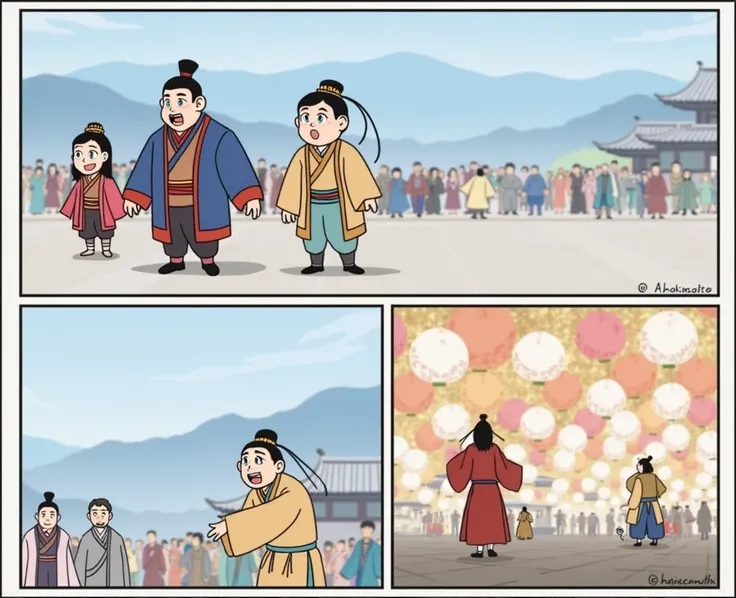 The Three Kingdoms period in ancient China，Lantern Festival， Many people hang lanterns on the streets，Colored silk ， require a simple background ，lively，Festive，Q version comic style