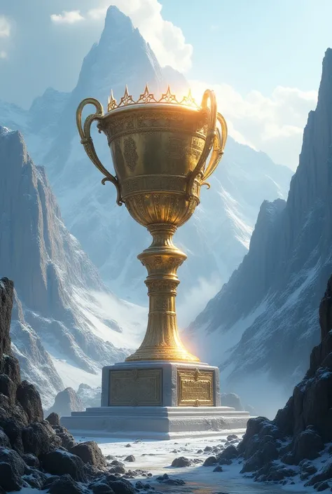 Giant trophy in the middle of rocky mountains