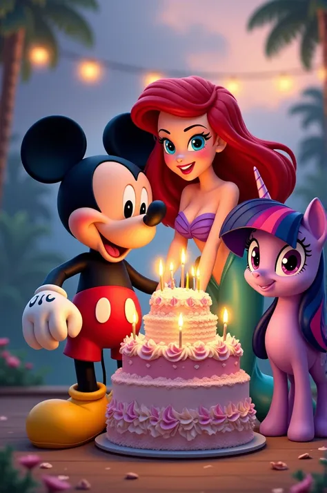 Mickey and Ariel And Twilight Sparkle With a Birthday Cake 