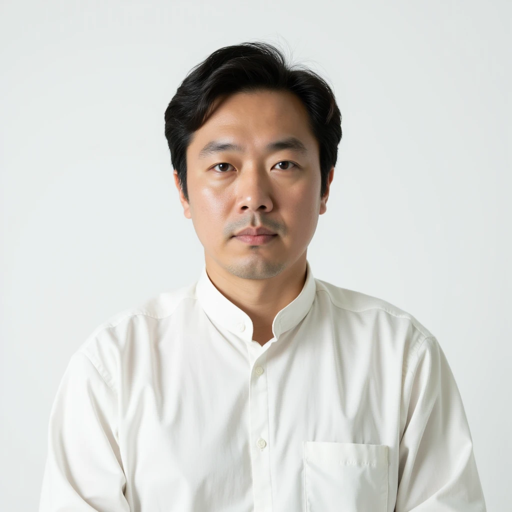 a Japanese man in his 30s,frontview,shot, an upper body shot, white background, straight face ,real, plain clothes, shirts,neat