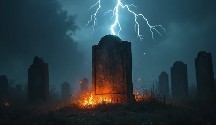 image of a grave struck by lightning and burning with vibes of horror and darkness