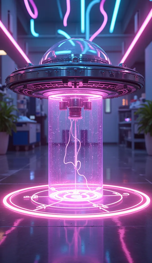 A UFO made of a metal-plated frame, a magic circle on the ground, and a kaleidoscope of iridescent neon lines in the sky, transparent, clear neon color, precision instruments, machines, machine parts, LED, wire cables, analyzers, labs, 2.5D, delicate and dynamic effects, artistic photography, hyper realistic, graphic CG digital fantasy art, ultra detailed, absolutely resolution, best quality