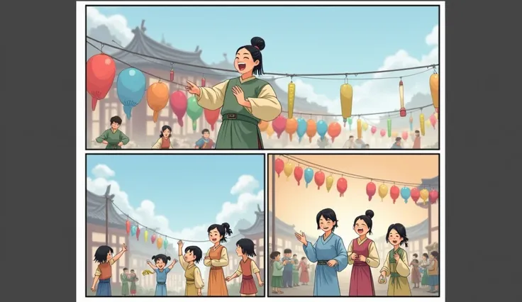 The Three Kingdoms period in ancient China，Lantern Festival，Adults hang lanterns on the street ，Colored silk ， Kids play and make noise in the street， require a simple background ，lively，Festive，Q version comic style