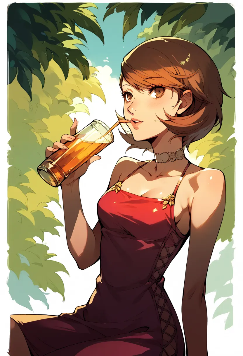 yukari takeba, person 3, beautiful,  short brown hair, sexy dress,  drinking alcohol