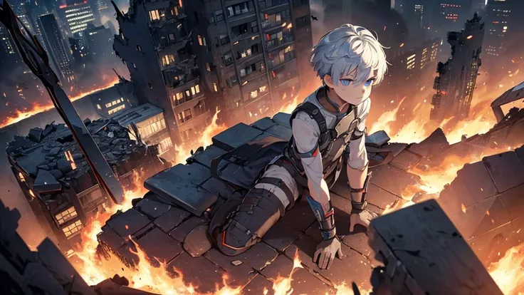 wide shot, a dying young boy, metal shard impaled in abdomen, mangled arm, missing both legs, faint smile, short white hair, dull blue eyes, rubble, ((a burning city)), flames, dark,(Best quality, 4K, 8K, highres, masterpiece: 1.2), ultra-detailed