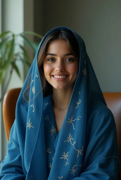 Create a beautiful Pakistani girl with smile on her face around twenty or twenty one years old wearing a beautiful blue burqa with stroller sitting in the chair without any object.