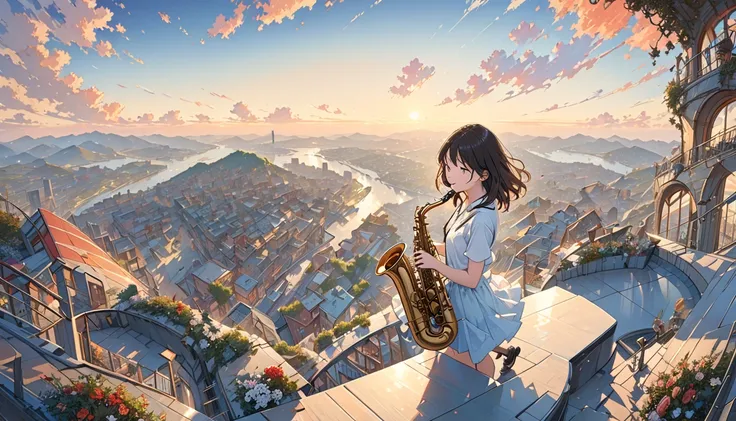 Teenage girl with medium hair playing the saxophone, smiling and looking down on the city from a hilltop at sunset, highly detailed, surreal, tabletop, best quality, shape, wallpaper, super detailed