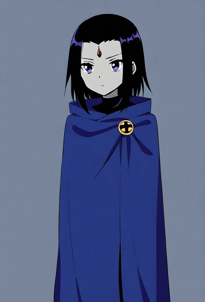 raven (dc), purple eyes,  grey skin, forehead jewel, blue cape covering whole body, long blue cape, , 