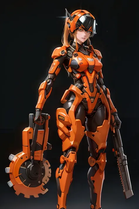 orange-haired woman  ( ponytail ),  perfect body , using robotic armor inspired by stihl chainsaws and brushcutters, using helme...