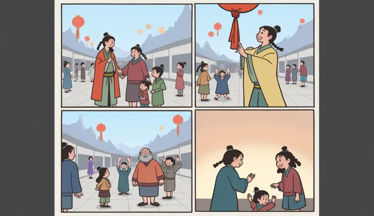 The Three Kingdoms period in ancient China，Lantern Festival，Adults hang lanterns on the street ，Colored silk ， Kids play and make noise in the street， require a simple background ，lively，Festive，Q version comic style