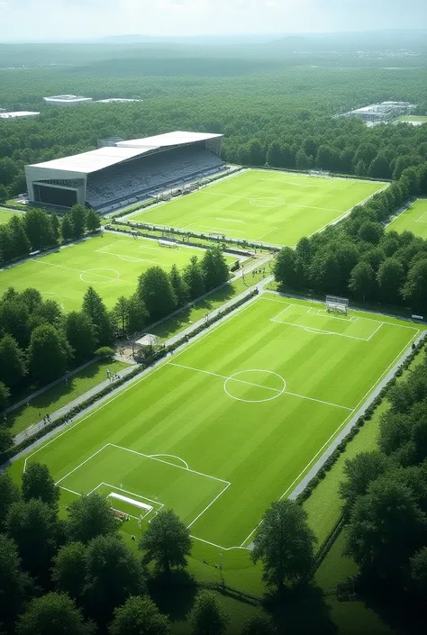 soccer complex with 5 entertainment fields , a stadium and many trees around  