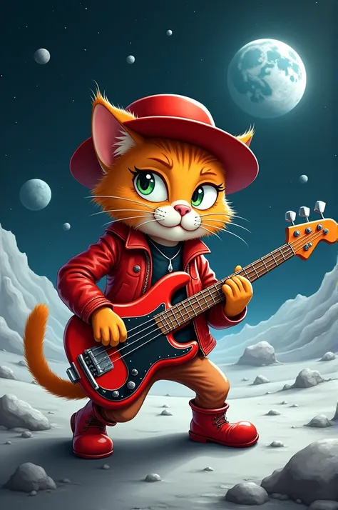 Cartoon cat with red leather jacket and hat playing electric bass on the surface of the moon