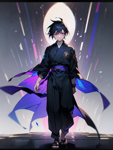 1male , Black Hair , Purple Eyes , Somber Expression , Black Yukata Uniform , Blue Sash Belt , Standing on path , Perfect lighting , Ninja Clothing , Young Male , Muscular , Unique Clothing  