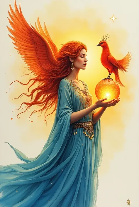 goddess,   closed eyes  , fire, Sunset,  volcanic eruption ,  holds a fireball in his hands ,    fire crystals earrings ,  big firebird phoenix on his shoulder  ,   jewelry  , fire  ,   long hair, Compose ,  fiery hair,Painting (medium), мантия синяя в   A...