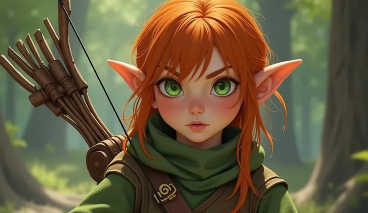 A young woman elf, with orange Shaggy Medium Length hairstyle. Green eyes, wearing a simple hunter mercenary clothes. With a bow into her back. She has a circle face shape and mad facial expression.