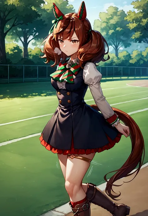 score_9, score_8_up, score_7_up , source_anime, masterpiece, best quality, perfect anatomy, very aesthetic, absurdres,game cg,anime detail BREAK shobufuku, brown hair, shirt, long sleeves, dress, bow, animal ears, twintails, brown eyes, tail, multicolored ...