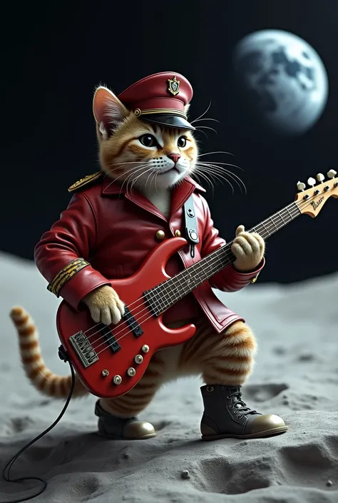 Military cat 
with red leather jacket and hat playing electric bass on the surface of the moon