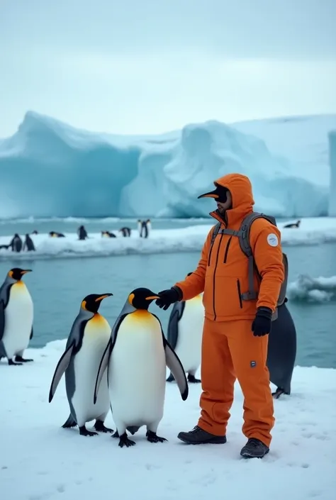  In front of the camera, a person in an orange adventure suit touches the penguin next to it， ice floats on the light blue sea in the distance ， penguins, some are lying on ice floes，Some are playing in the sea 