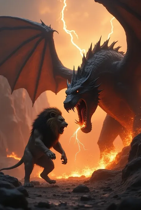 Create a powerful confrontation between a dragon and a lion, both exuding intense anger. The dragon, with its wings flared and flames flickering in its maw, towers menacingly, ready to strike. The lion, with its mane bristling and teeth bared in a ferociou...