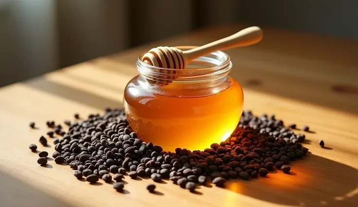 on a table 
Contains honey and black cumin seeds
