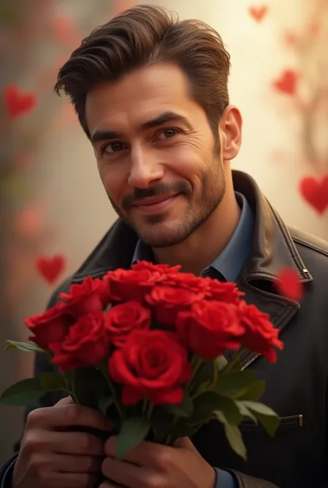 Man with short hair beard padlock 40 years old with bouquet of red flowers in his hand romantic 