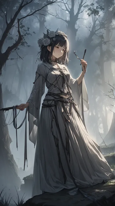 1 girl, ( cute face),  Gentle Smile ,  medium hair, Silver ribbon,  Graveyard in a Fantasy World {x} Tomb Keeper Outfit,  Clear Dress ,  medium breasts,  Graceful Posture,  Pottery Skin , break,  Foggy Graveyard ,  Soft Moonlight , ( mystical atmosphere:1....