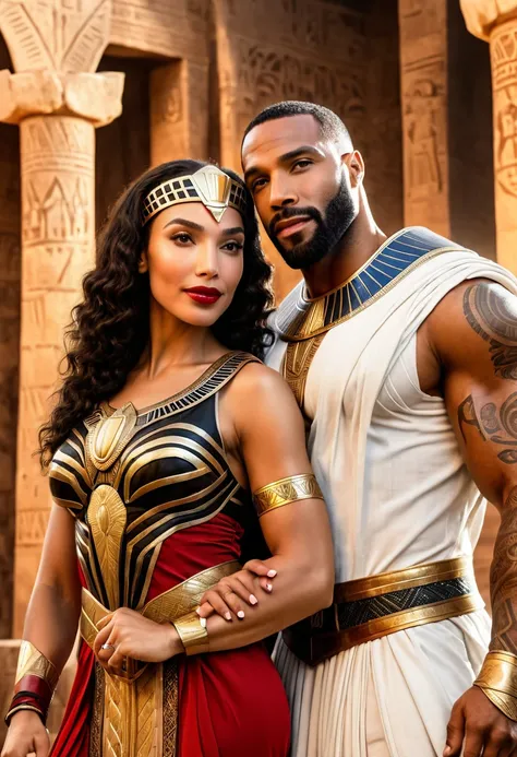 A romance novel cover showing Gal Gadot as the Egyptian goddess Isis and African American actor Omari Hardwick as the Egyptian god Osiris. Both are clothed in Ancient Egyptian clothing. Both look happy and in love with each other. Gal has lovely makeup on ...