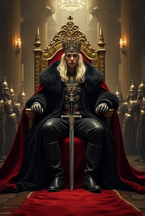 In a large medieval throne room with many people, an evil blonde queen and a seductive blond king are sitting on their respective golden thrones, watching their people kneeling before them. They are proud and majestic with an evil crown on their head. The ...