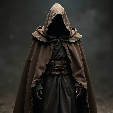 "A dark brown cape with a hood that covers the head, leaving the front completely bare. The cape hangs down to the back, with torn and burnt edges, as if it had been exposed to fire or extreme wear. The cap is deep, falling low over the head. The fabric is...